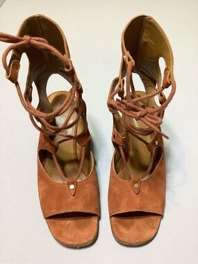 CHLOE Saddle Brown Rust Suede Lace-Up Gladiator Wedge Heels Sandals 38.5
